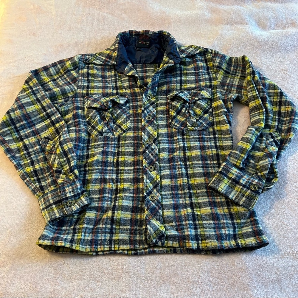 Brittania vintage wool yellow blue plaid flannel size M outdoors  granola